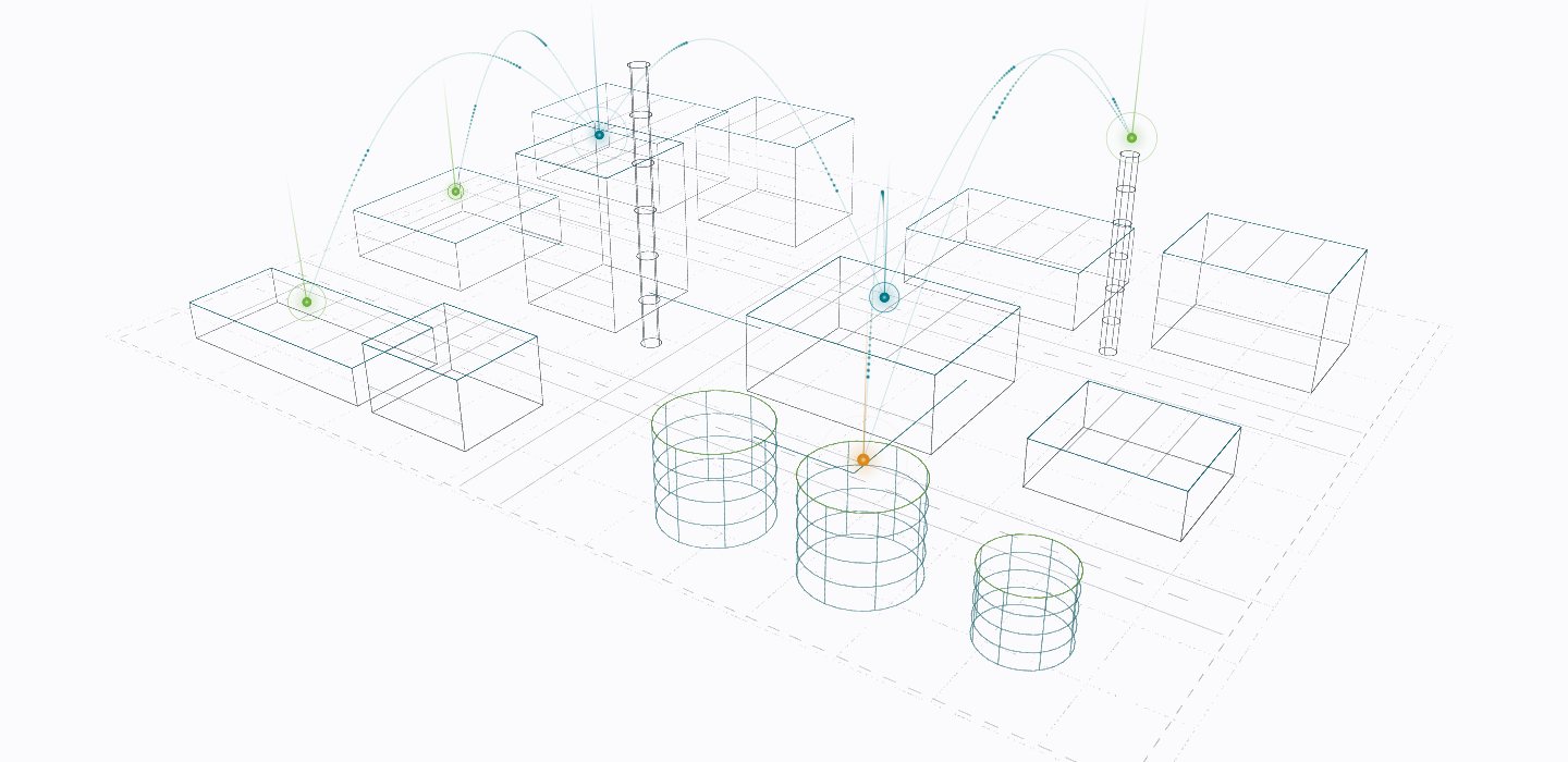 An isometric industrial site drawn in fine points, with status beacons on a stack, a tank and a building.